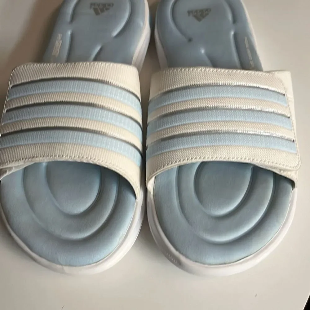 Adidas Adilette Baby Blue White Striped Open Toe Slip-On Classic Comfort Slide S
